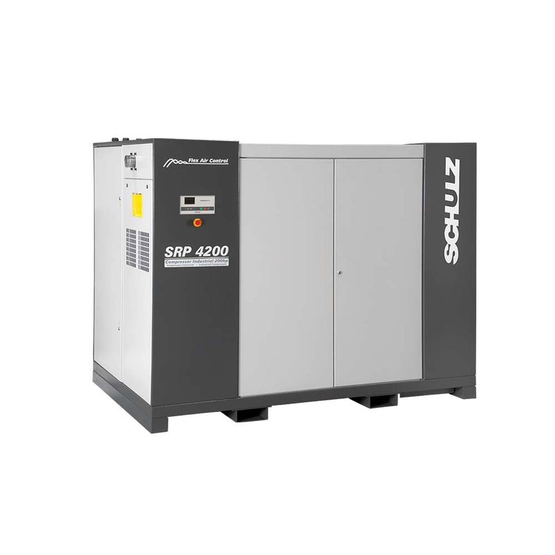 Schulz SRP Flex 250 HP variable-speed rotary screw air compressor — enclosed cabinet, front 3/4 view