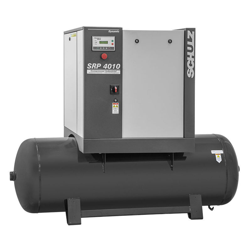 Schulz SRP Dynamic rotary screw compressor — side view showing air end and intake filter assembly