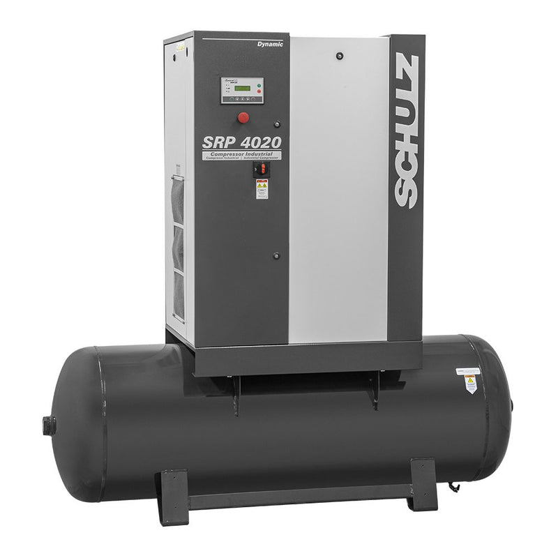 Schulz SRP Dynamic rotary screw compressor — rear 3/4 view showing discharge connection and cooling fan
